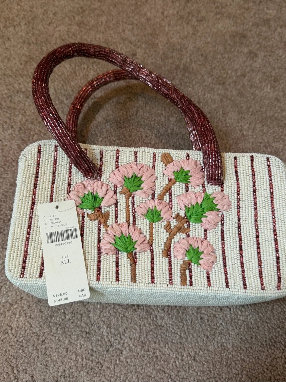 NWT new Anthropologie beaded box shaped bag purse floral cream burgundy stripe
